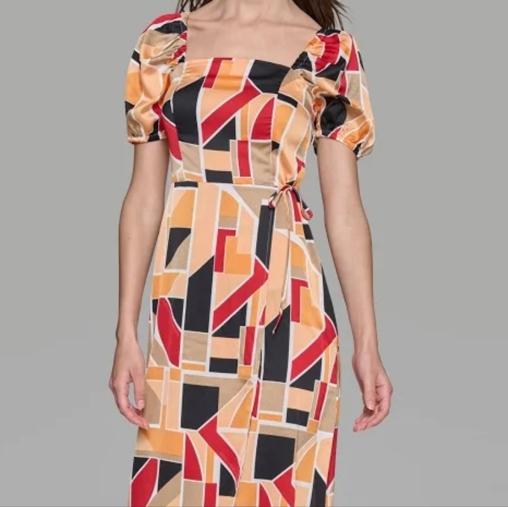 “Karl Lagerfeld Geometric Print Midi Dress – Size 12, Vibrant Color Block, Elega